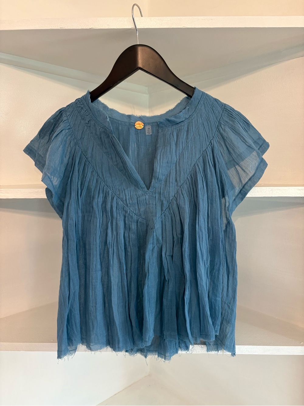 Free People one Blue Crinkled V-Neck Blouse